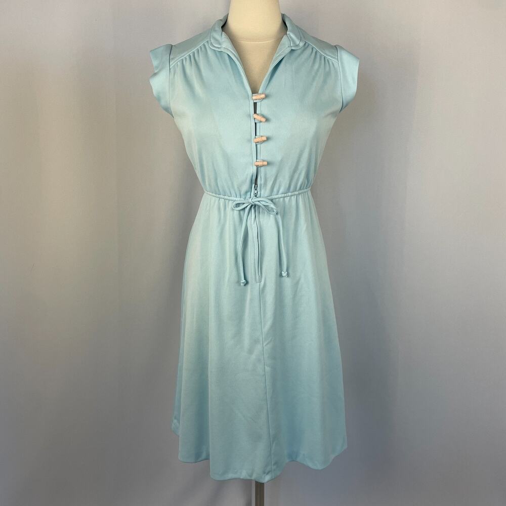 Vintage 70s Dress Size 11 Blue Pastel A Line Minimal Retro Mod Rockabilly 60s
